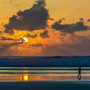 person on beach shore during sunset